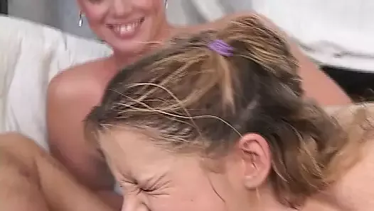 Sexy teen gets her tight holes banged by a guy and swallows cum while a MILF masturbate with toys
